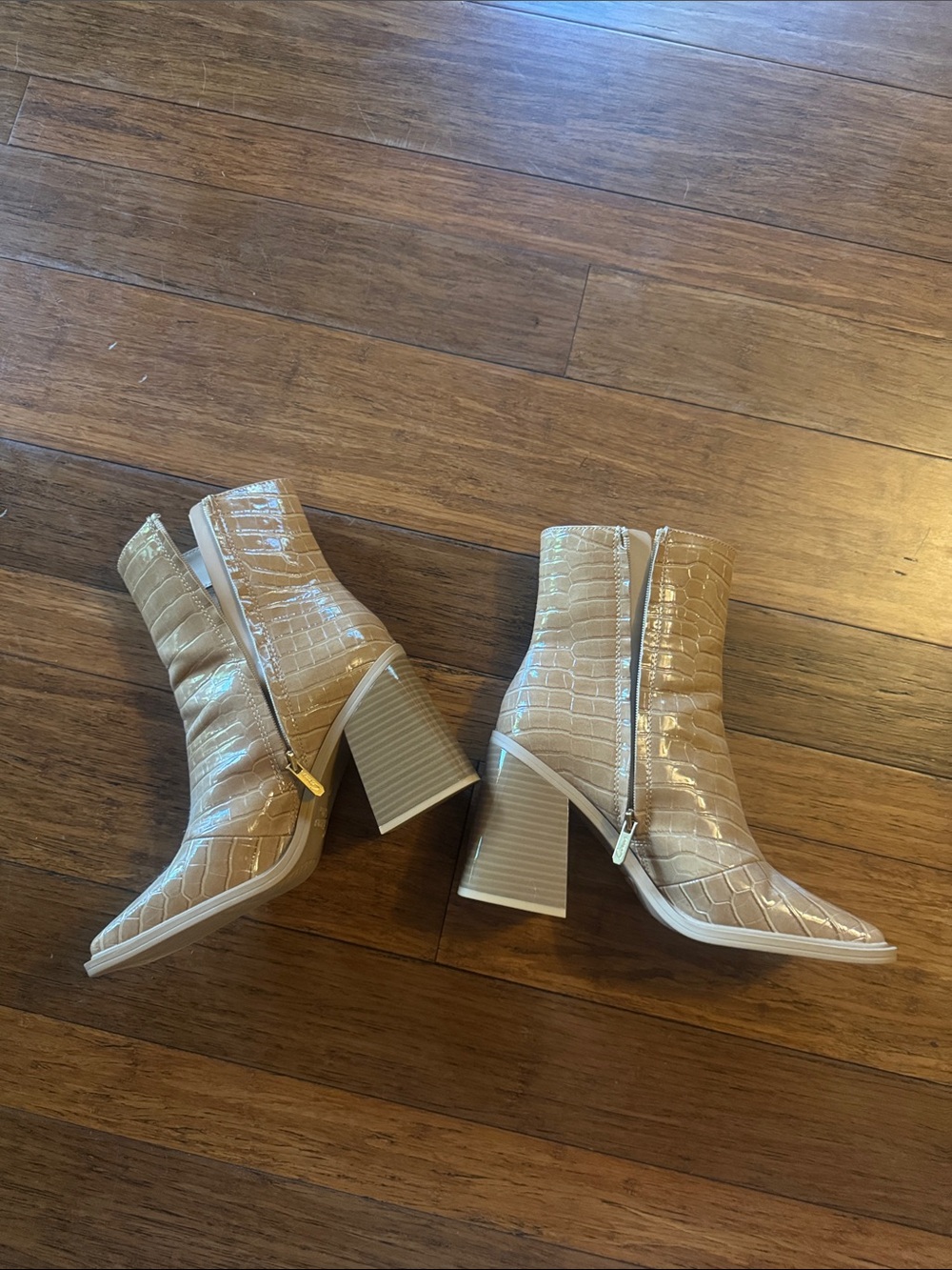 Croc-Embossed Tan Block Heel Ankle Boots
